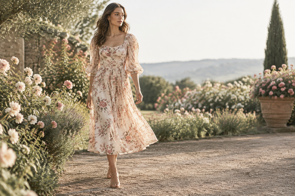 Floral dress in a sunlit garden