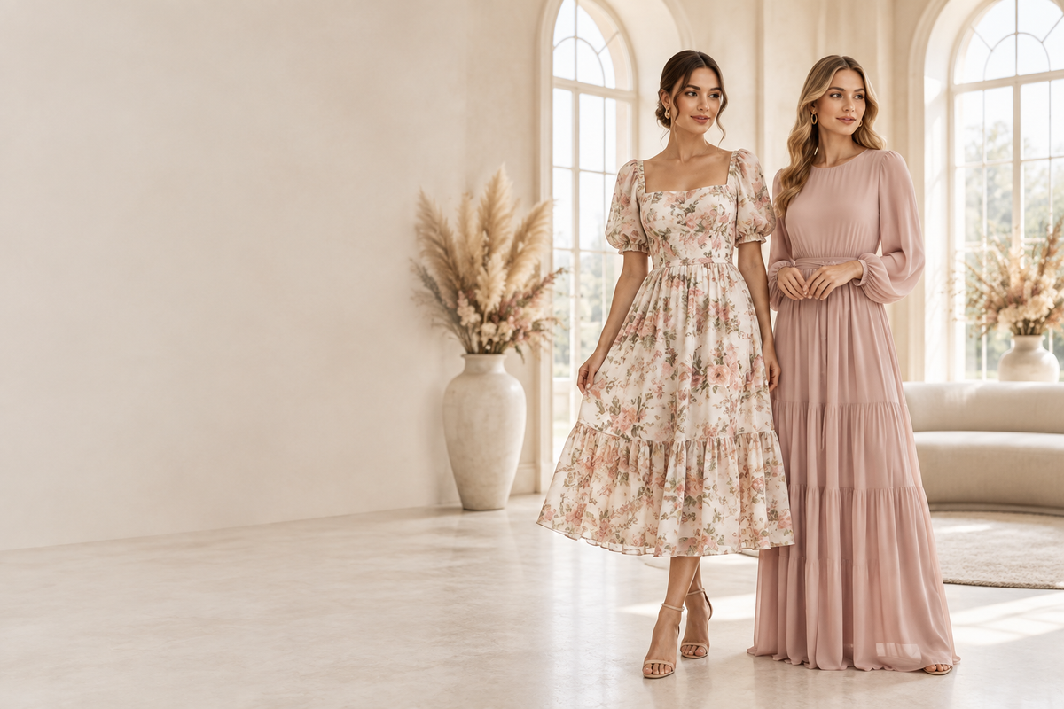 Indoor homepage banner with two women in dresses in a bright minimalist room